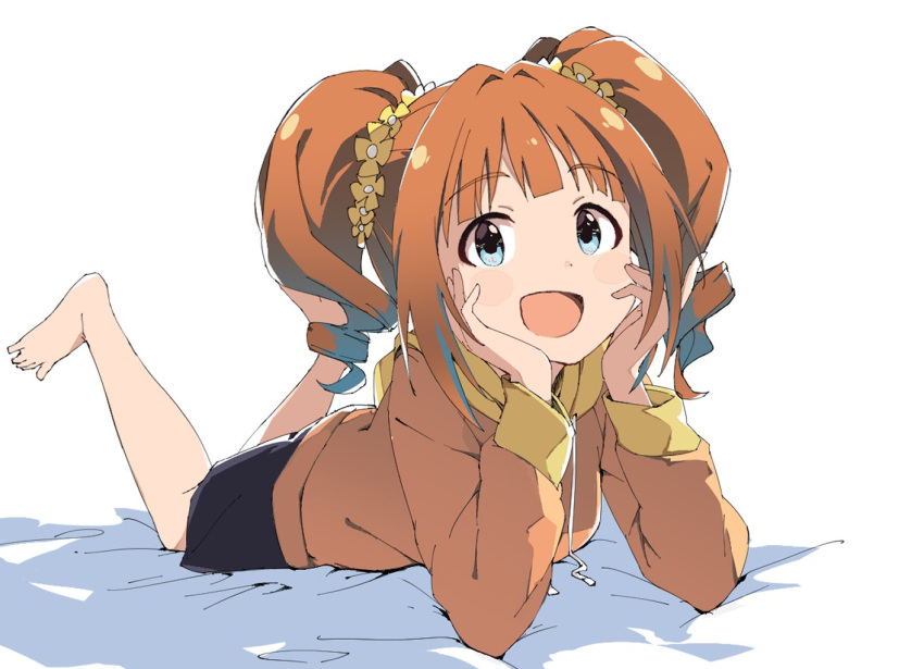 1girl barefoot bed_sheet black_skirt blue_eyes blush breasts brown_hair dot_nose flower hair_flower hair_ornament hands_on_own_face hands_up head_rest hood hood_down hoodie idolmaster idolmaster_(classic) idolmaster_million_live! idolmaster_million_live!_theater_days legs_up long_sleeves looking_at_viewer lying on_bed on_stomach open_mouth orange_hoodie rauto shadow simple_background skirt small_breasts smile solo takatsuki_yayoi toes twintails white_background yellow_flower