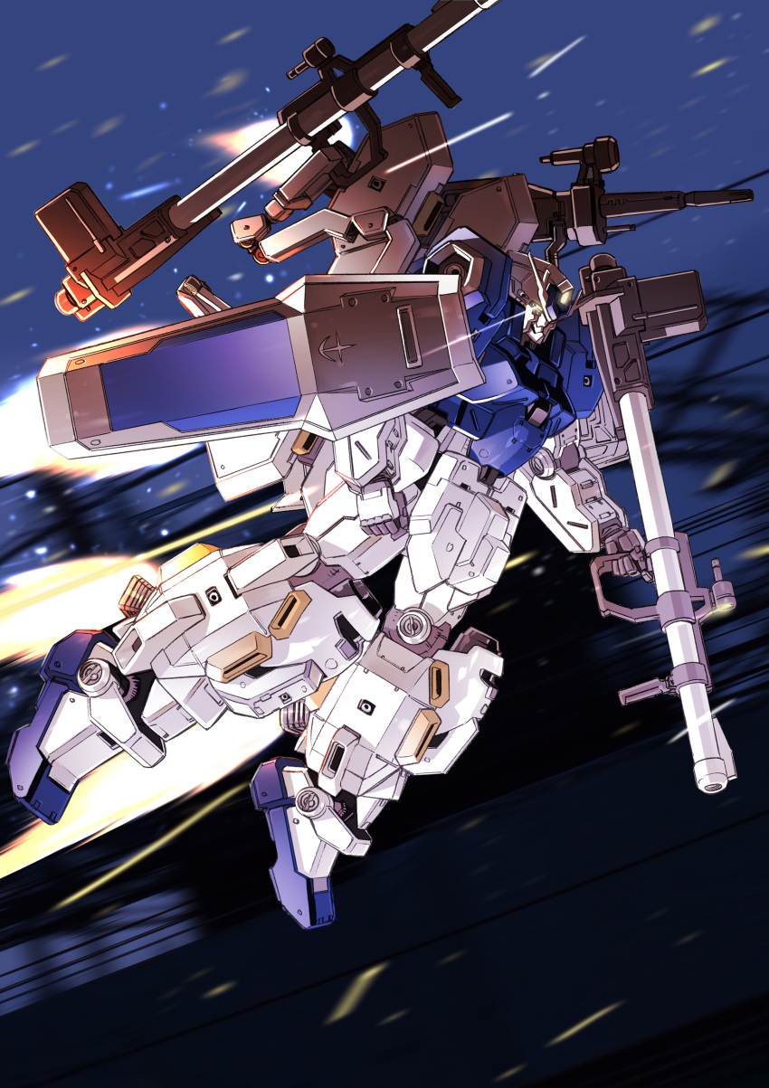 absurdres arm_shield bazooka_(gundam) bull-g clenched_hand commentary_request earth_federation exhaust eye_trail flying full_body glowing glowing_eye gundam gundam_thunderbolt highres holding holding_weapon light_trail mecha mobile_suit motion_blur no_humans robot sakura_mizuki_(artist) science_fiction shoulder_cannon solo thrusters v-fin weapon yellow_eyes