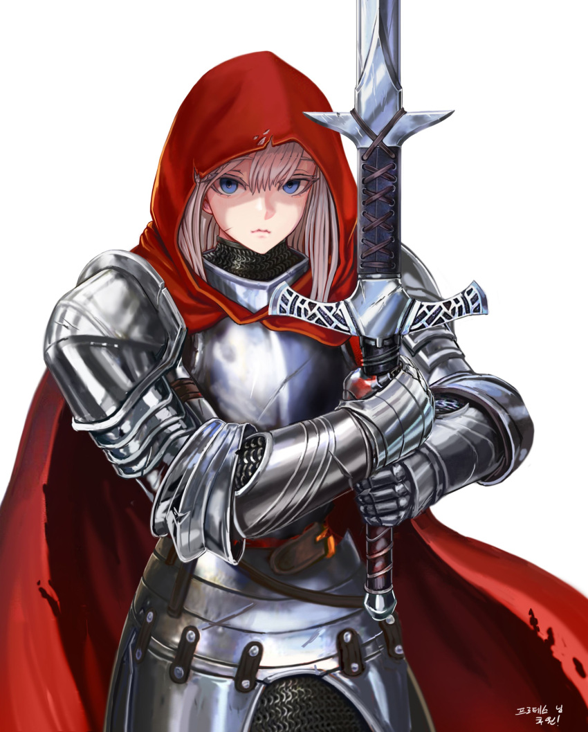 1girl absurdres armor blonde_hair blue_eyes breastplate chainmail cloak colored_eyelashes commission dragon831 english_commentary gauntlets highres holding holding_sword holding_weapon hood hood_up hooded_cloak knight looking_at_viewer original plate_armor serious solo sword weapon white_background zweihander