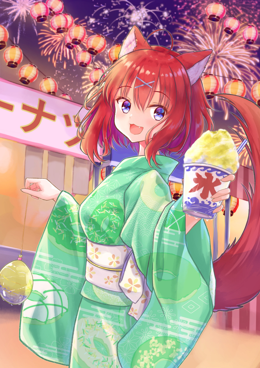 1girl :3 :d absurdres ahoge alternate_costume amairo_islenauts animal_ears blue_eyes blurry blush commentary cowboy_shot cup depth_of_field eyelashes eyes_visible_through_hair fang festival fireworks floral_print food from_side green_kimono hair_between_eyes hair_ornament hands_up happy highres holding holding_cup holding_toy japanese_clothes kimono lantern long_sleeves looking_at_viewer masaki_gaillard medium_hair night open_mouth outdoors paper_lantern reaching reaching_towards_viewer red_tail redhead rgrey00 sash shaved_ice smile standing tail tail_raised toy water_yoyo white_sash wide_sleeves wolf_ears wolf_girl wolf_tail x_hair_ornament yukata