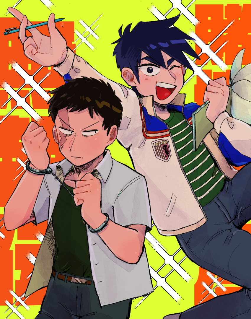 2boys :d belt black_eyes black_hair brown_belt buraiden_gai closed_mouth commentary_request cuffs feet_out_of_frame frown green_shirt grey_pants handcuffs highres holding holding_notepad holding_pen itanoma_(omrisoisina) jacket kudou_gai letterman_jacket long_sleeves looking_at_viewer male_focus medium_bangs multiple_boys notepad one_eye_closed open_clothes open_mouth open_shirt pants pen scar scar_across_eye shirt short_bangs short_hair short_sleeves smile sparkle striped striped_shirt teeth tobaku_haouden_zero ukai_zero undershirt upper_teeth_only v-shaped_eyebrows very_short_hair white_jacket white_shirt yellow_background