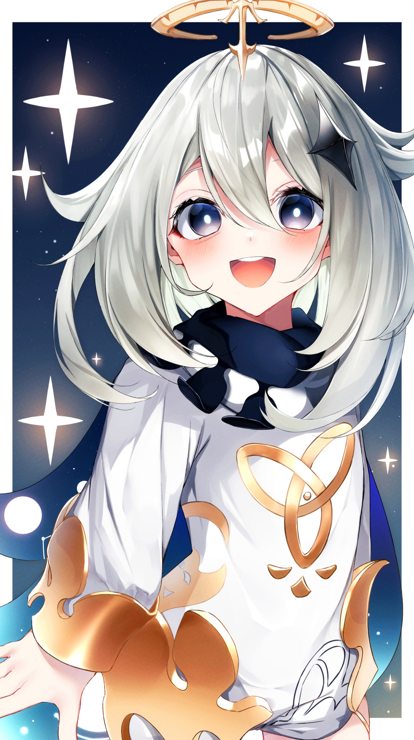 1girl :d absurdres blush commentary_request cowboy_shot dress genshin_impact grey_hair hair_between_eyes hair_ornament halo highres long_hair long_sleeves looking_at_viewer paimon_(genshin_impact) sleeves_past_wrists smile solo standing suisen-21 violet_eyes white_dress