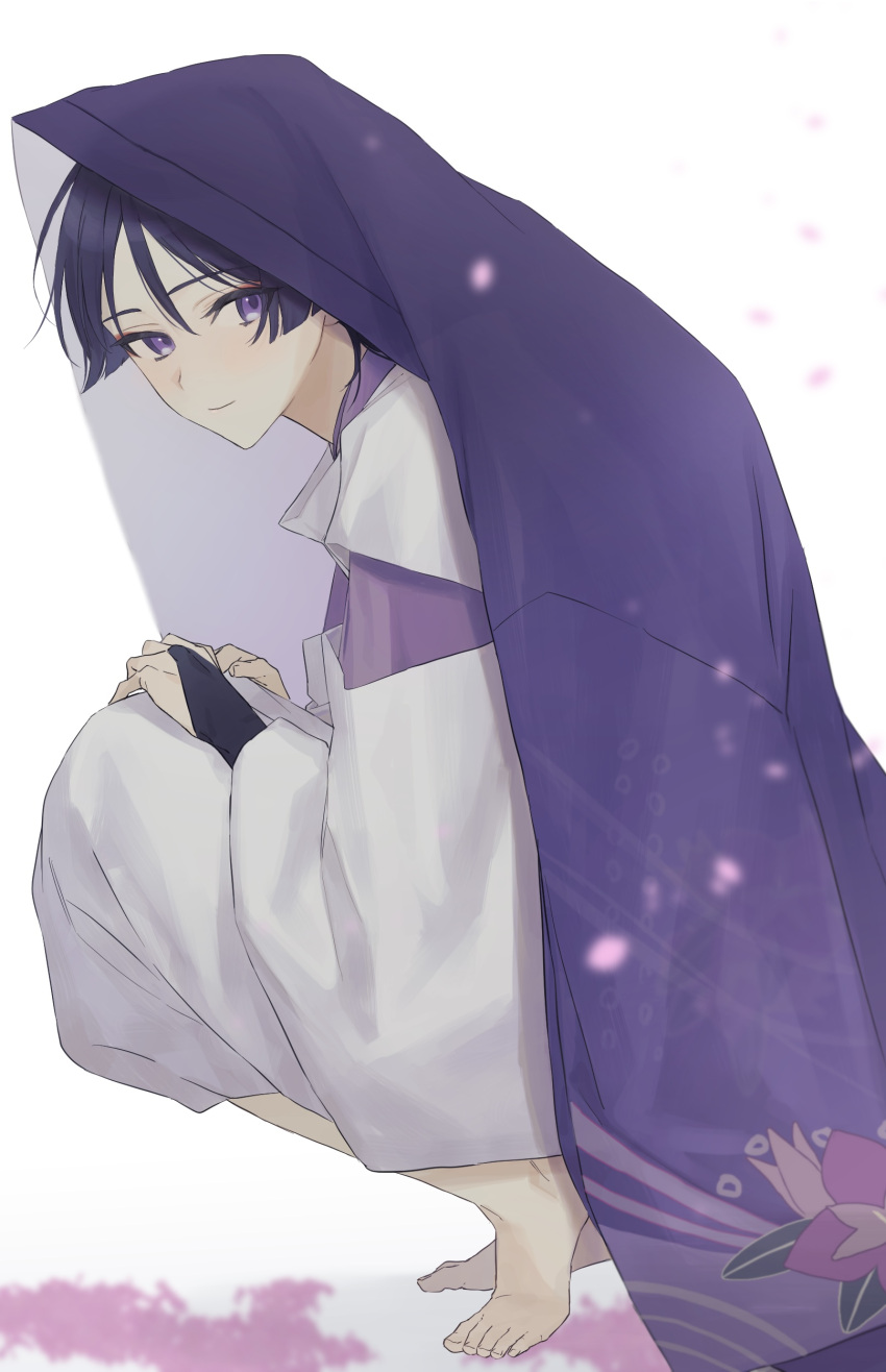1boy absurdres barefoot black_hair cherry_blossoms closed_mouth feet floral_print genshin_impact heel_up highres japanese_clothes looking_at_viewer male_focus petals poi_poifu purple_hair purple_veil scaramouche_(genshin_impact) scaramouche_(kabukimono)_(genshin_impact) simple_background solo squatting toenails toes veil violet_eyes white_background wide_sleeves