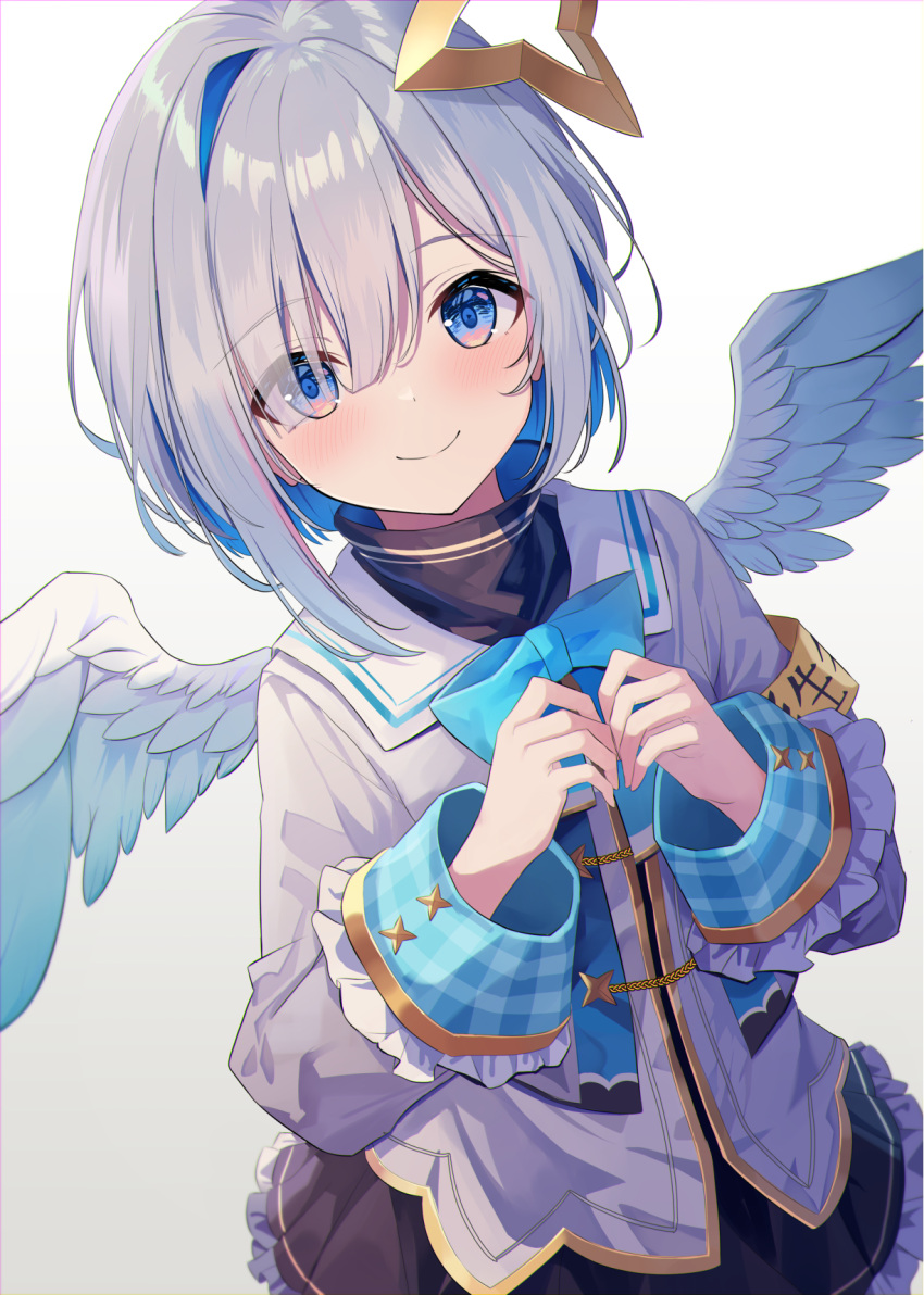 1girl adju_ster amane_kanata amane_kanata_(1st_costume) angel angel_wings armband asymmetrical_bangs asymmetrical_hair black_skirt blue_bow blue_bowtie blue_hair blush bow bowtie closed_mouth colored_inner_hair cropped_jacket feathered_wings frilled_skirt frills gradient_wings grey_hair grey_jacket hair_ornament halo highres hololive jacket long_hair long_sleeves looking_at_viewer miniskirt multicolored_hair multicolored_wings pink_hair sailor_collar shirt short_hair single_hair_intake skirt sleeve_cuffs sleeves_past_wrists smile solo star_halo streaked_hair turtleneck violet_eyes virtual_youtuber white_shirt wide_sleeves wings