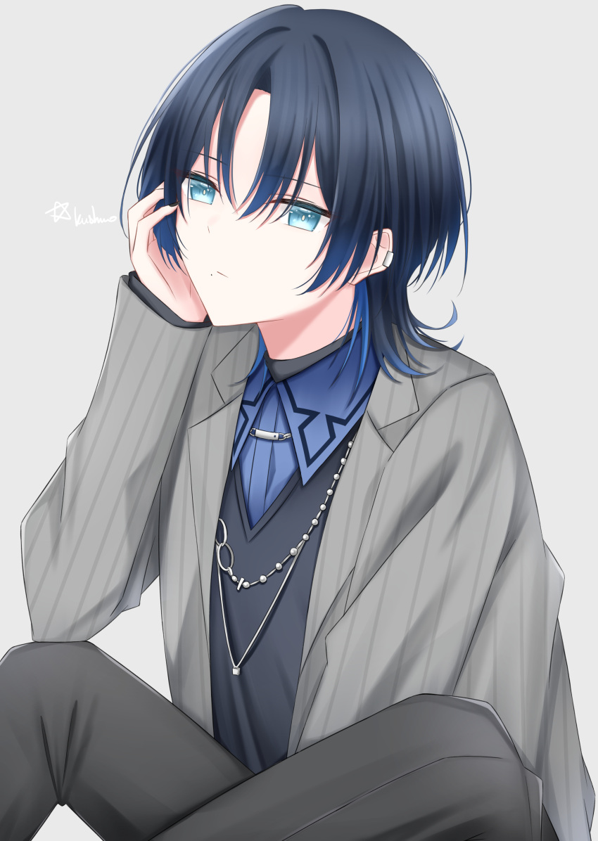 1girl absurdres black_pants blue_eyes blue_hair blue_shirt collared_shirt grey_jacket head_rest highres hiodoshi_ao hololive jacket jewelry kushiro147 looking_at_viewer mole mole_under_eye necklace pants shirt short_hair solo virtual_youtuber white_background