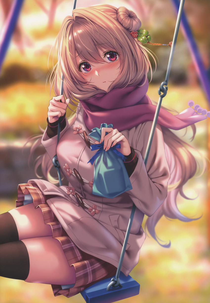 1girl absurdres blurry blurry_background blush box breasts closed_mouth coat day fingernails gift gift_box hair_ornament hanikami_kanojo highres hiiragi_sano holding light_brown_hair long_hair looking_at_viewer outdoors piromizu pleated_skirt red_eyes scan scarf simple_background skirt swing swing_set thigh-highs thighs winter_clothes winter_coat