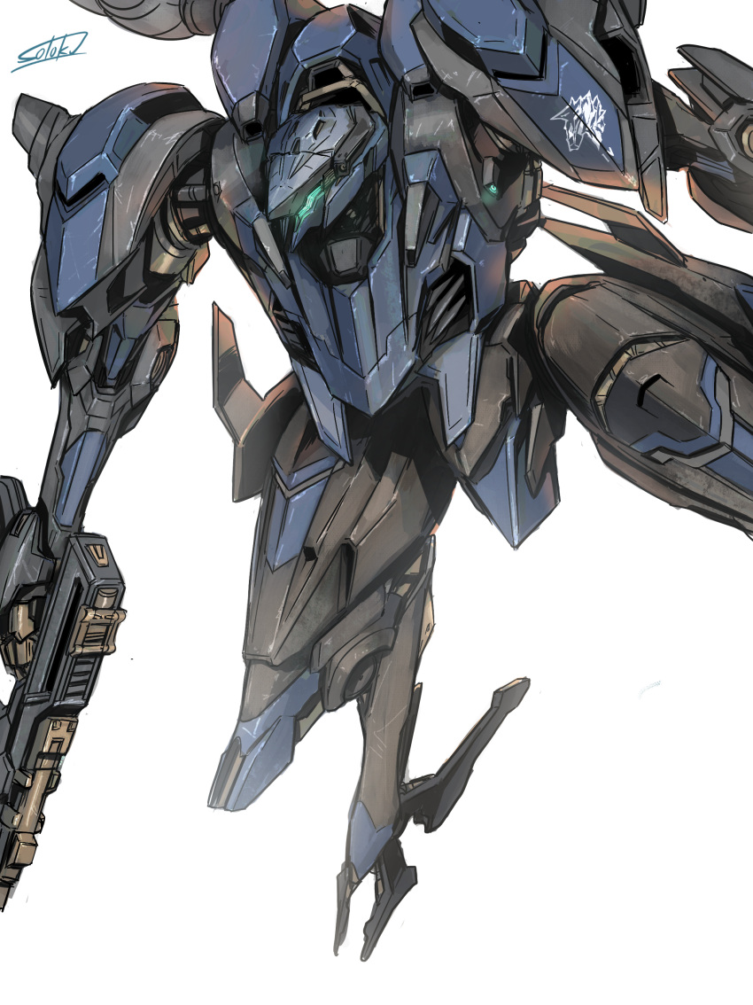 absurdres armored_core armored_core_6 glowing glowing_eyes green_eyes gun highres holding holding_gun holding_weapon mecha mecha_focus no_humans reverse_jointed_legs robot science_fiction solo solokov_(okb-999) steel_haze v.iv_rusty weapon wolf_print