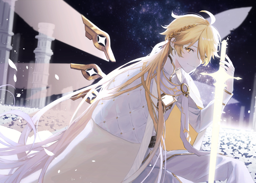1boy absurdres aether_(genshin_impact) ahoge alternate_costume blonde_hair cape flower genshin_impact glowing glowing_sword glowing_weapon hair_between_eyes highres holding holding_sword holding_weapon laurel_crown long_hair long_sleeves looking_at_viewer male_focus night outdoors pants petals pillar poi_poifu sky smile solo star_(sky) starry_sky sword very_long_hair weapon white_flower white_pants wings yellow_eyes