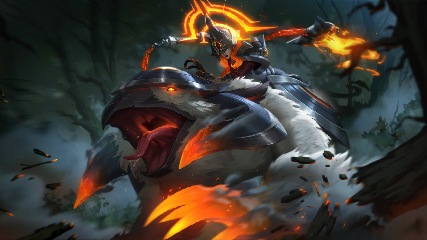 1girl animal armor bare_tree black_lips bristle brown_gloves gloves glowing glowing_eyes glowing_weapon helmet highres holding holding_weapon league_of_legends legends_of_runeterra night official_art open_mouth outdoors red_eyes riding sejuani shoulder_armor solar_eclipse_sejuani tongue tongue_out tree weapon