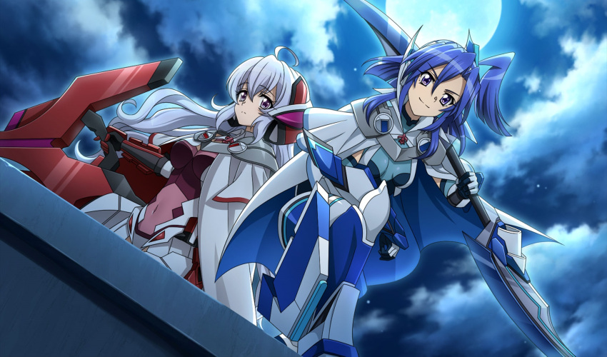 2girls alternate_hair_length alternate_hairstyle armored_boots armored_gloves artist_request blue_eyes blue_hair bodysuit boots cape elbow_gloves eyelashes full_moon glaive_(polearm) gloves grey_hair hair_ornament happy headgear high_ponytail high_side_ponytail highres kazanari_tsubasa kazanari_tsubasa_(another) long_hair looking_at_viewer moon multiple_girls night night_sky ponytail senki_zesshou_symphogear senki_zesshou_symphogear_xd_unlimited short_hair side_ponytail sky smile source_request standing violet_eyes weapon yukine_chris yukine_chris_(another)