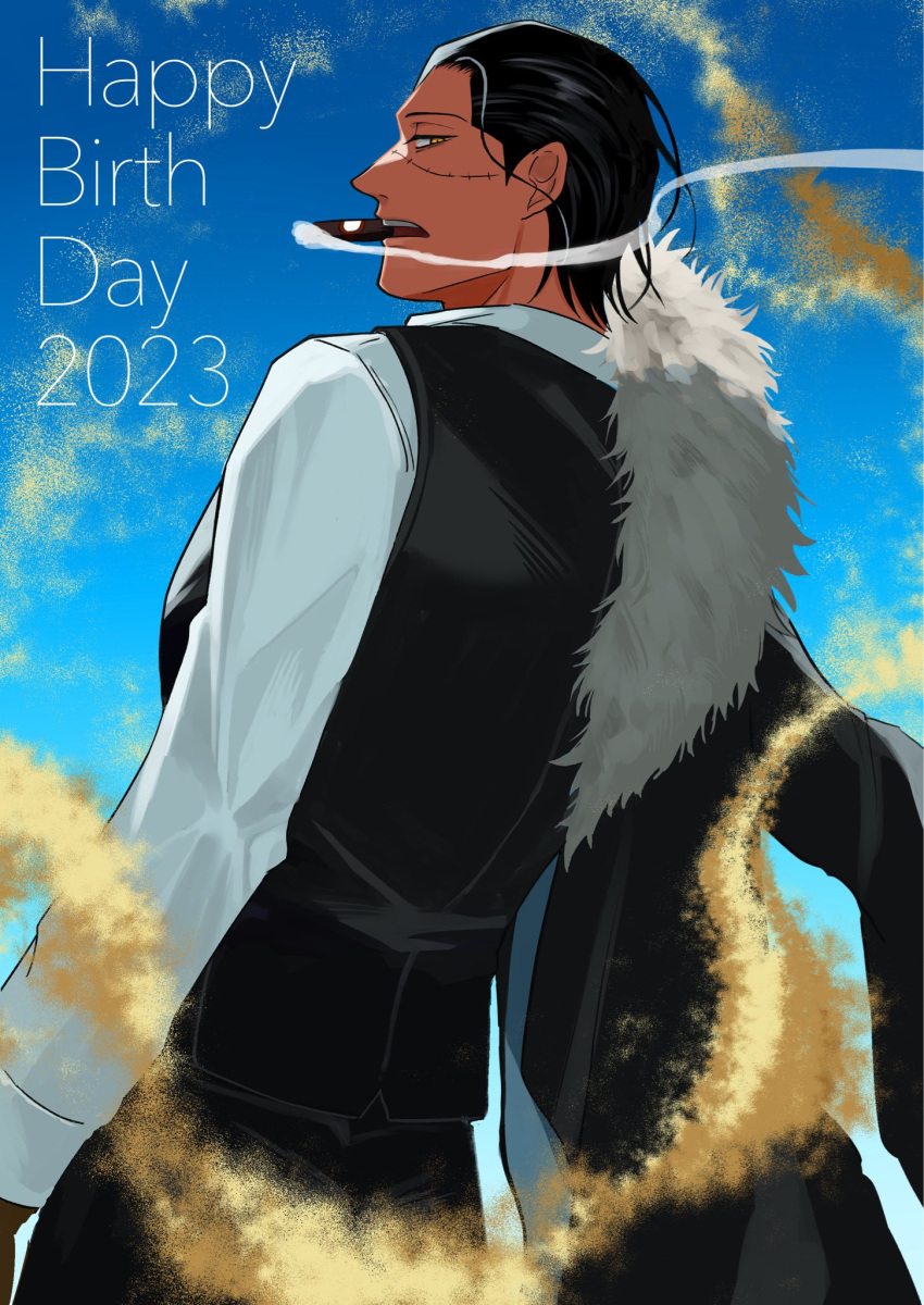 1boy ascot black_hair cigar collared_shirt crocodile_(one_piece) feet_out_of_frame from_behind geokinesis hair_slicked_back half-closed_eyes happy_birthday highres looking_at_viewer looking_back male_focus mature_male nigemizu253 one_piece sand scar scar_on_face scar_on_nose shirt short_hair smoking solo stitches unamused vest