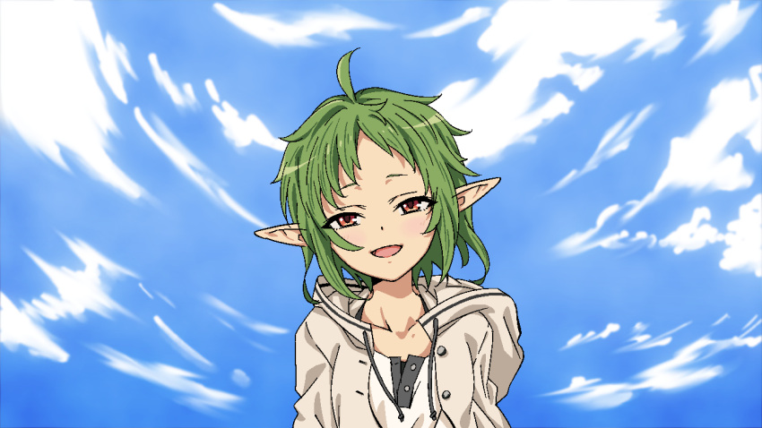 1girl :d ahoge blue_sky clouds day elf green_hair half-closed_eyes hood hooded_jacket jacket kino0610 looking_at_viewer mushoku_tensei open_mouth outdoors pointy_ears red_eyes shirt short_hair sky smile solo sylphiette_(mushoku_tensei) white_jacket white_shirt