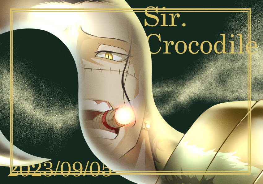 0hikihikikaeru 1boy ascot birthday black_hair cigar close-up collared_shirt crocodile_(one_piece) dated earrings furrowed_brow hair_slicked_back hand_focus highres hook_hand jewelry male_focus mature_male one_piece reflection scar scar_on_face scar_on_nose shirt short_hair slit_pupils smoking solo stitches yellow_eyes