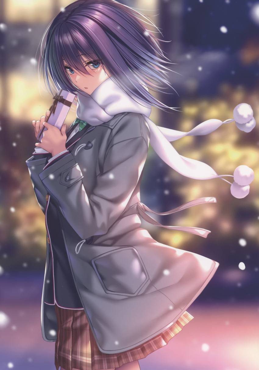 1girl absurdres blazer blue_eyes blurry blurry_background blush box breath buttons coat gift gift_box hanikami_kanojo highres holding jacket looking_at_viewer miyatsuki_yuna open_clothes open_coat parted_lips piromizu pom_pom_(clothes) purple_hair ribbon scarf school_uniform short_hair simple_background skirt snow snowing winter_clothes winter_coat