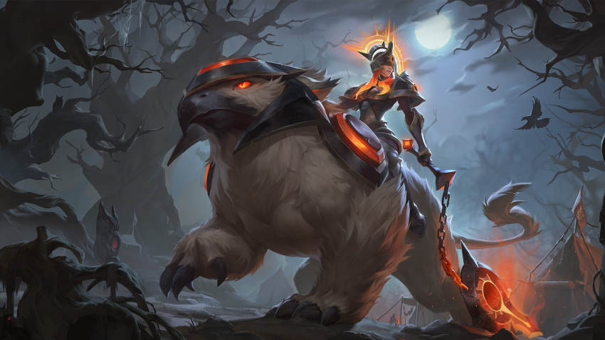 1girl animal armor bare_tree bird bristle clouds covered_eyes facing_to_the_side glowing glowing_eyes helmet highres holding holding_weapon league_of_legends legends_of_runeterra moon night official_art red_eyes riding sejuani shoulder_armor sitting solar_eclipse_sejuani tent tree weapon