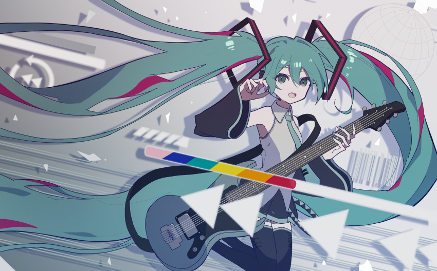 1girl absurdly_long_hair armpit_peek barcode black_skirt blue_nails collared_shirt detached_sleeves drop_shadow electric_guitar eyelashes green_hair green_necktie grey_background grey_shirt guitar hair_between_eyes hatsune_miku hatsune_miku_expo highres holding_guitar instrument long_hair madofuki nail_polish necktie open_mouth rewind_button shirt skirt solo teeth thigh-highs triangle twintails upper_teeth_only very_long_hair vocaloid zettai_ryouiki