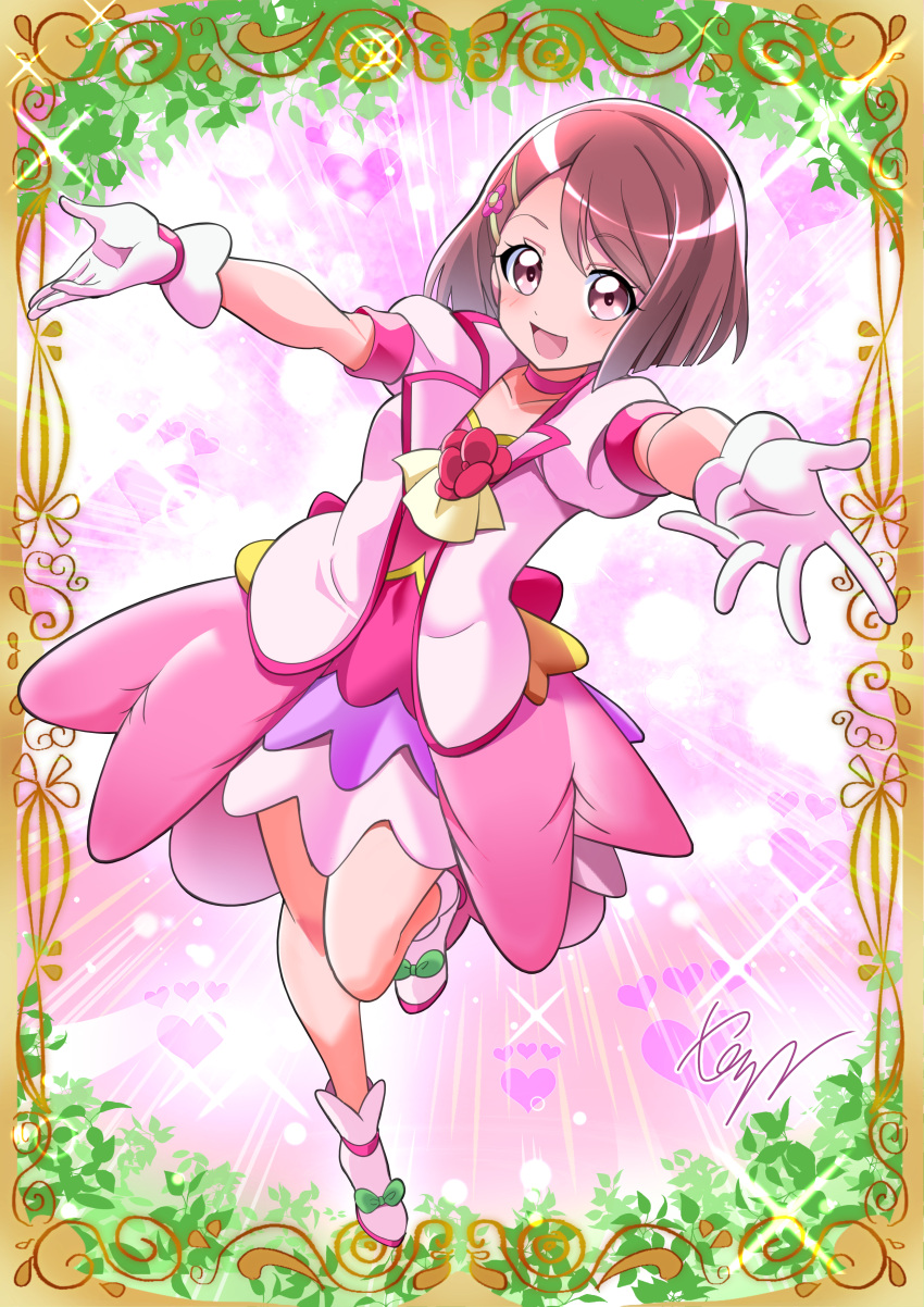 1girl absurdres ankle_boots artist_name ascot back_bow bob_cut boots bow brown_hair card_(medium) choker commentary_request commission cure_grace dress full_body gloves hair_ornament hairclip hanadera_nodoka healin'_good_precure highres jacket leg_up light_rays looking_at_viewer magical_girl medium_dress open_mouth partial_commentary pink_choker pink_dress pink_jacket precure puffy_short_sleeves puffy_sleeves reaching reaching_towards_viewer short_sleeves signature skeb_commission smile solo standing standing_on_one_leg tirofinire violet_eyes white_footwear white_gloves yellow_ascot