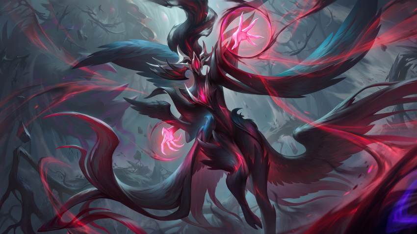 1girl arm_up black_hair claws coven_janna feathered_wings fingernails foot_out_of_frame glowing glowing_eyes highres janna_(league_of_legends) league_of_legends legends_of_runeterra long_hair magic multicolored_hair official_alternate_costume official_art one-eyed redhead sharp_fingernails solo two-tone_hair wings