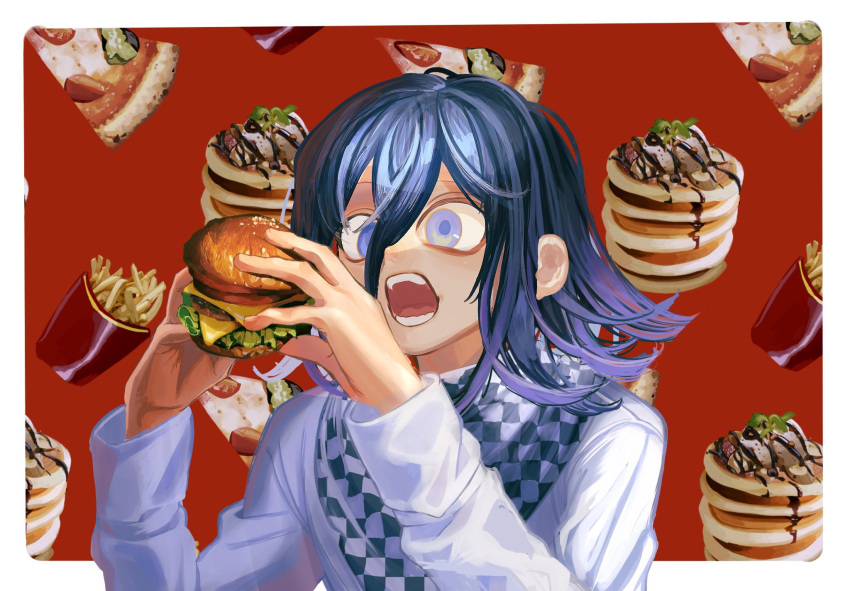 1boy black_hair blue_eyes border burger checkered_clothes checkered_scarf danganronpa_(series) danganronpa_v3:_killing_harmony flipped_hair foca_(sello20582612) food french_fries hair_between_eyes highres holding holding_food jacket long_sleeves male_focus multicolored_hair oma_kokichi open_mouth pancake pizza red_background scarf teeth two-tone_hair white_border white_jacket