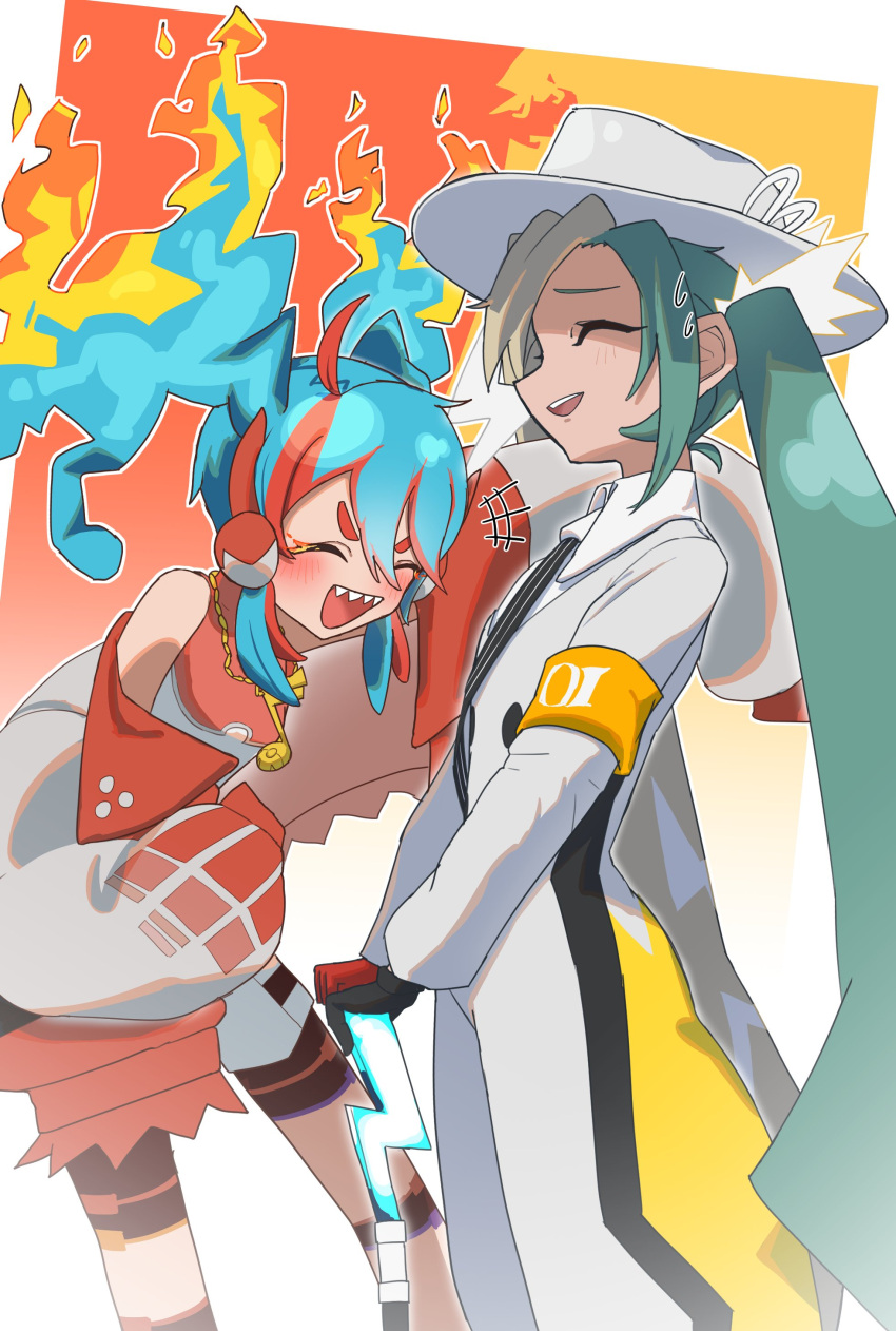 2girls absurdres akumuruji aqua_hair armband blonde_hair blue_hair blush closed_eyes hat hatsune_miku highres jewelry laughing long_hair multicolored_hair multiple_girls musical_note_necklace necklace off_shoulder official_alternate_costume open_mouth orange_hair pokemon project_voltage sharp_teeth teeth twintails upper_teeth_only very_long_hair vocaloid white_headwear yellow_armband