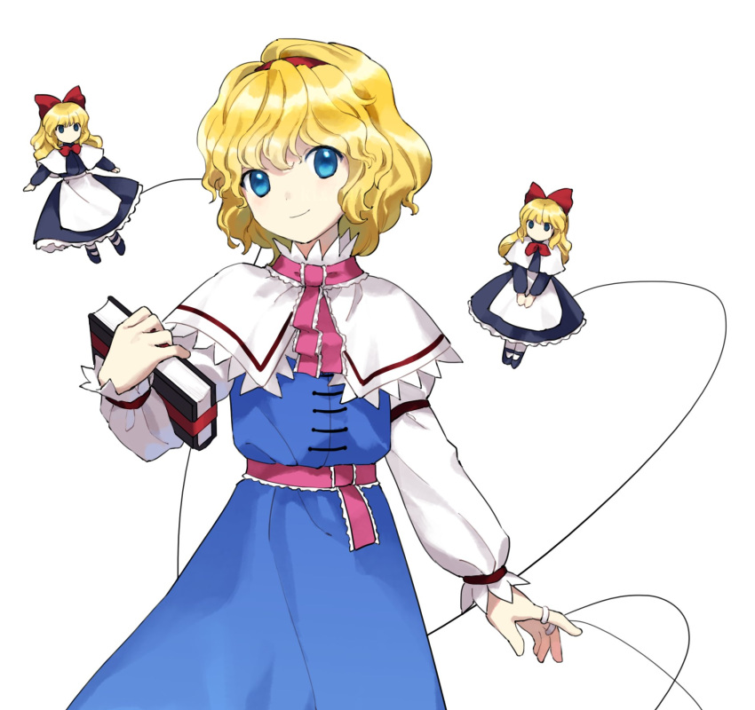 1girl alice_margatroid blonde_hair blue_dress blue_eyes book capelet closed_mouth dress grimoire_of_alice hair_between_eyes hairband highres holding holding_book jewelry kaigen_1025 long_sleeves looking_at_viewer puppet_rings puppet_strings red_hairband ring shanghai_doll short_hair simple_background smile solo touhou white_background white_capelet