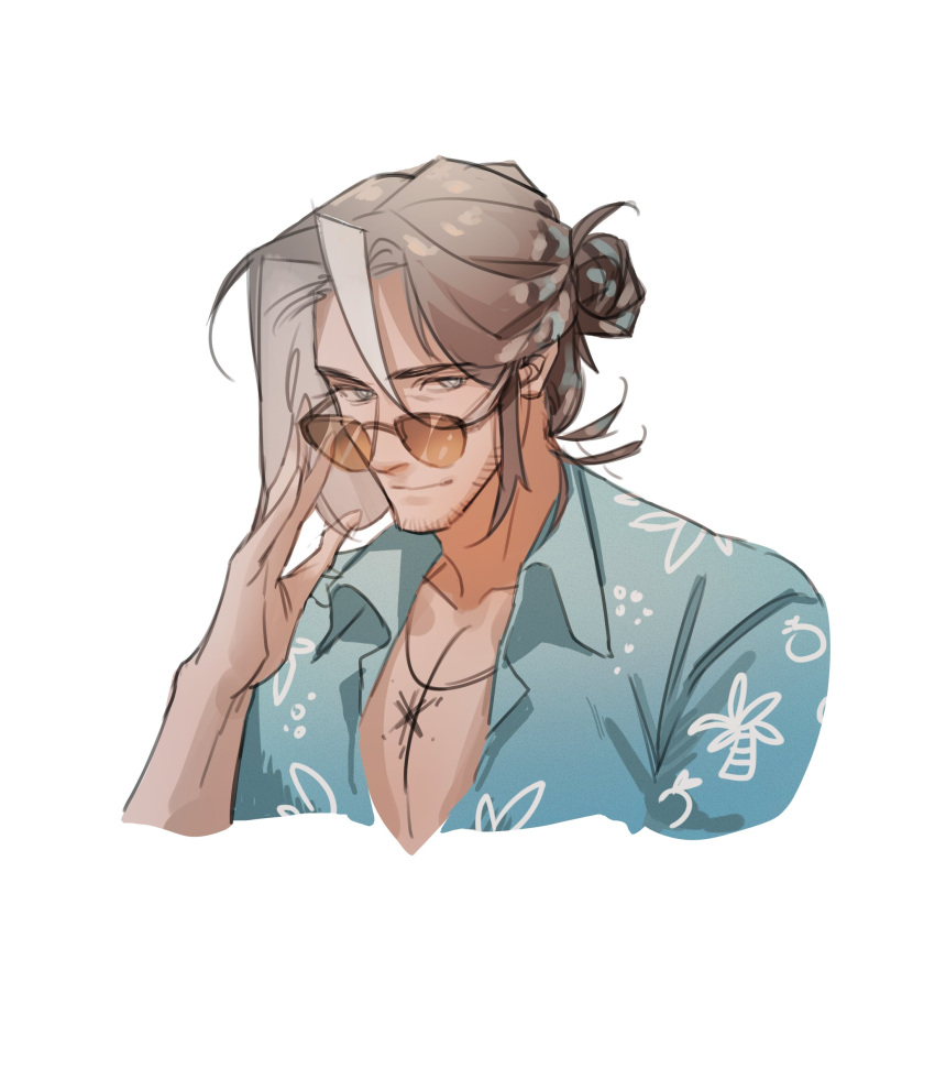108cycle 1boy absurdres alternate_costume arknights beard_stubble bishounen cropped_torso hair_between_eyes hawaiian_shirt highres long_hair male_focus mature_male multicolored_hair partially_unbuttoned pectoral_cleavage pectorals shirt smile solo streaked_hair sunglasses totter_(arknights)