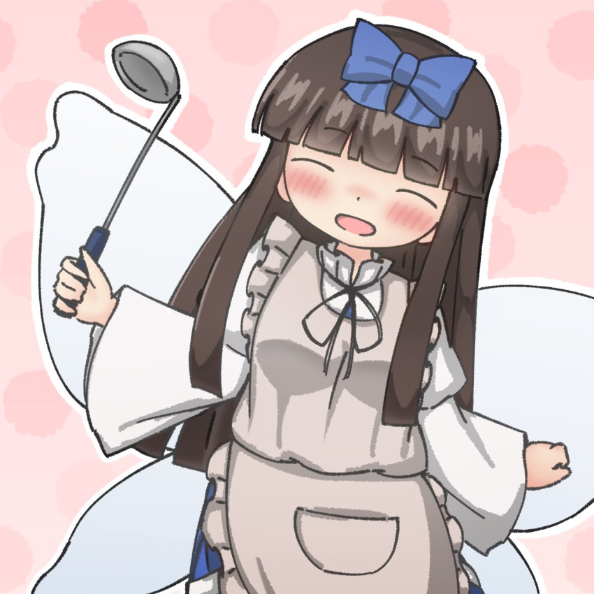 1girl apron baystarsapphire black_hair black_ribbon blue_bow blunt_bangs blush bow brown_hair closed_eyes commentary_request cowboy_shot dot_nose facing_viewer fairy_wings frilled_apron frills grey_apron hair_bow hand_up happy highres holding holding_ladle juliet_sleeves ladle leaning_to_the_side long_hair long_sleeves neck_ribbon nose_blush open_mouth outline pink_background puffy_sleeves ribbon sidelocks simple_background smile solo star_sapphire touhou very_long_hair white_outline wide_sleeves wings