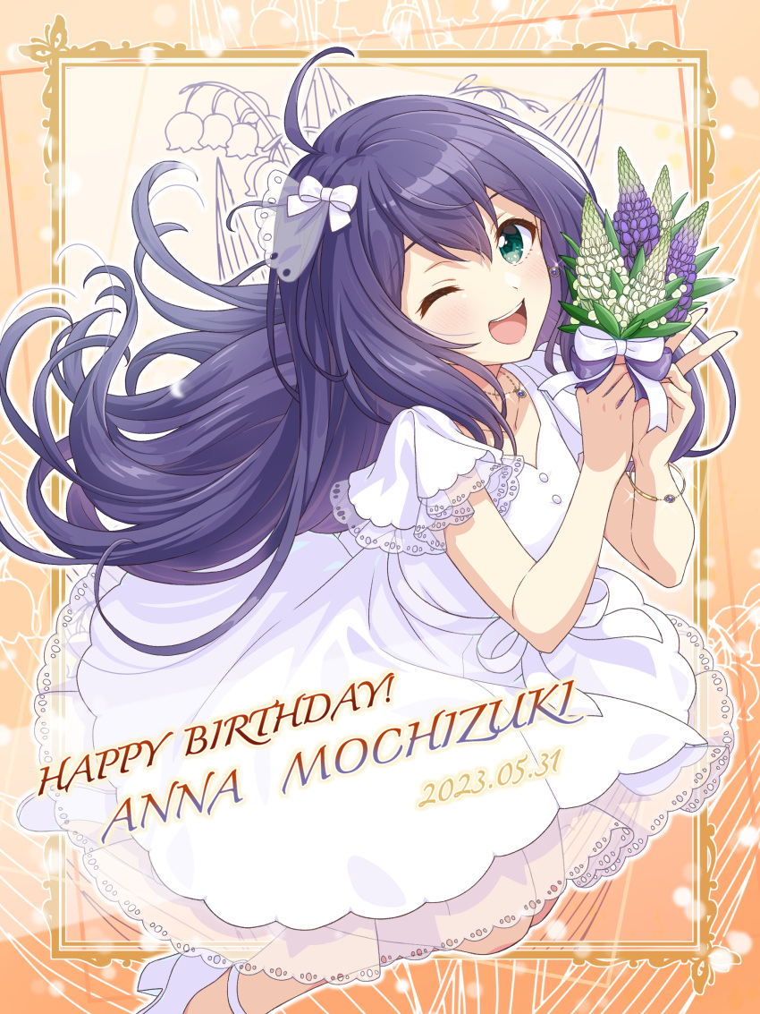 1girl 2023 absurdres ahoge aqua_eyes blush bouquet bow bracelet character_name collarbone dress earrings floral_print flower framed hair_between_eyes happy_birthday highres holding holding_bouquet idolmaster idolmaster_million_live! idolmaster_million_live!_theater_days jewelry long_hair looking_at_viewer lupinus_(flower) mochizuki_anna nail_polish one_eye_closed open_mouth ornate_border pendant purple_flower purple_hair ribbon see-through see-through_sleeves shiro_(ongrokm) short_sleeves smile solo white_dress white_flower