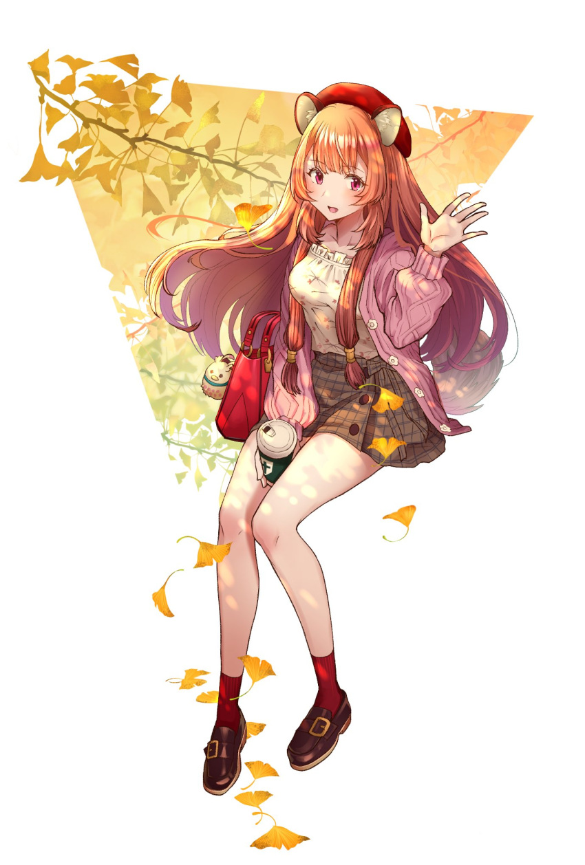 1girl :d alternate_costume animal_ear_fluff animal_ears autumn autumn_leaves bag bare_legs beret blush breasts brown_footwear brown_hair brown_skirt cardigan coffee_cup cup disposable_cup falling_leaves firo_(tate_no_yuusha_no_nariagari) flower_button full_body hand_up handbag hat highres holding holding_cup leaf loafers long_hair long_sleeves looking_at_viewer medium_breasts open_cardigan open_clothes open_mouth pink_cardigan plaid plaid_skirt raccoon_ears raccoon_girl raccoon_tail raphtalia red_bag red_eyes red_headwear red_socks senamoto_aki shirt shirt_tucked_in shoes sidelocks simple_background sitting skirt smile socks solo sweater tail tate_no_yuusha_no_nariagari waving white_background white_shirt