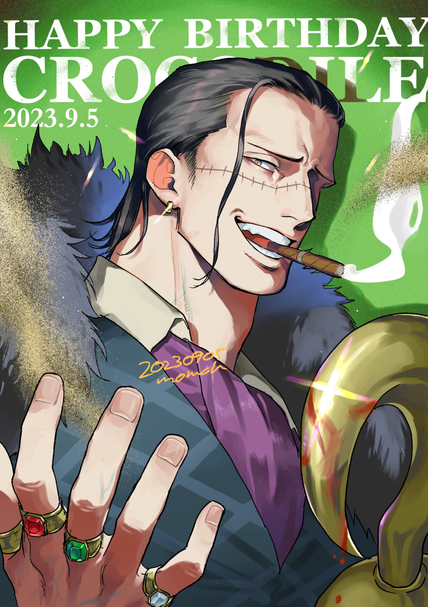 1boy absurdres ascot black_hair blood blood_on_weapon cigar collared_shirt crocodile_(one_piece) evil_smile geokinesis glint hair_slicked_back hand_up happy_birthday highres male_focus mature_male momoh_jiyucho one_piece sand scar scar_on_face scar_on_nose shirt short_hair smile smoking solo stitches upper_body weapon