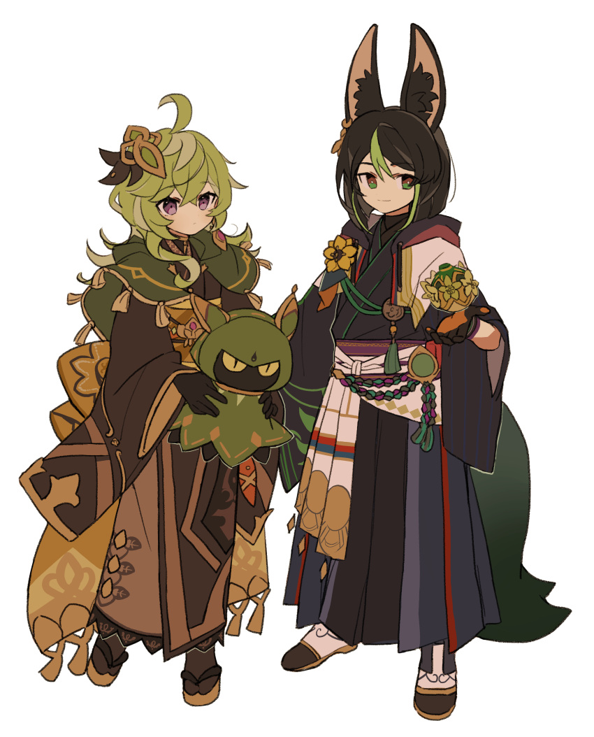 1boy 1girl absurdres adapted_costume ahoge animal_ears black_gloves black_hair capelet closed_mouth collei_(genshin_impact) earrings flower fox_boy fox_ears fox_tail full_body genshin_impact gloves green_capelet green_eyes green_hair hair_ornament highres holding iwashi_(iwashi008) jewelry long_sleeves medal multicolored_hair sash simple_background single_earring tail tassel tighnari_(genshin_impact) violet_eyes white_background wide_sleeves yellow_flower