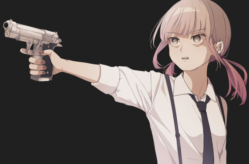 1girl black_background black_necktie brown_eyes brown_hair brown_nails collared_shirt commentary_request ear_piercing gun handgun highres holding holding_gun holding_weapon long_hair long_sleeves low_twintails nail_polish necktie open_mouth original outstretched_arm piercing shirt sidelocks simple_background solo suspenders teeth thick_eyebrows tsuruse twintails upper_body upper_teeth_only weapon weapon_request white_shirt