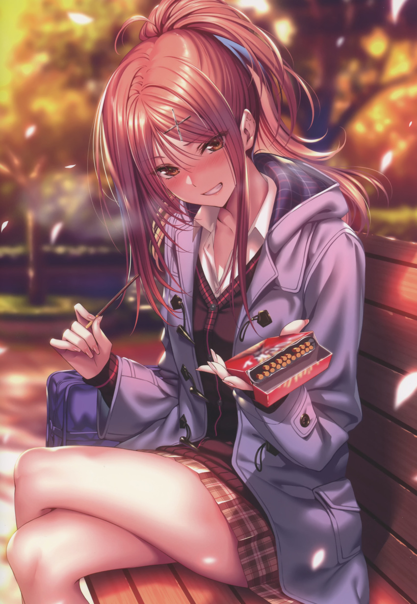 1girl absurdres bag bench blurry blurry_background brown_eyes cherry_blossoms crossed_legs day fingernails food hair_ornament hanikami_kanojo high_ponytail highres holding holding_food hood hood_down lips long_hair long_sleeves looking_at_viewer myouga_satsuki outdoors parted_lips petals piromizu pocky ponytail redhead scan school_bag school_uniform simple_background sitting skirt smile teeth thighs tree winter_clothes x_hair_ornament