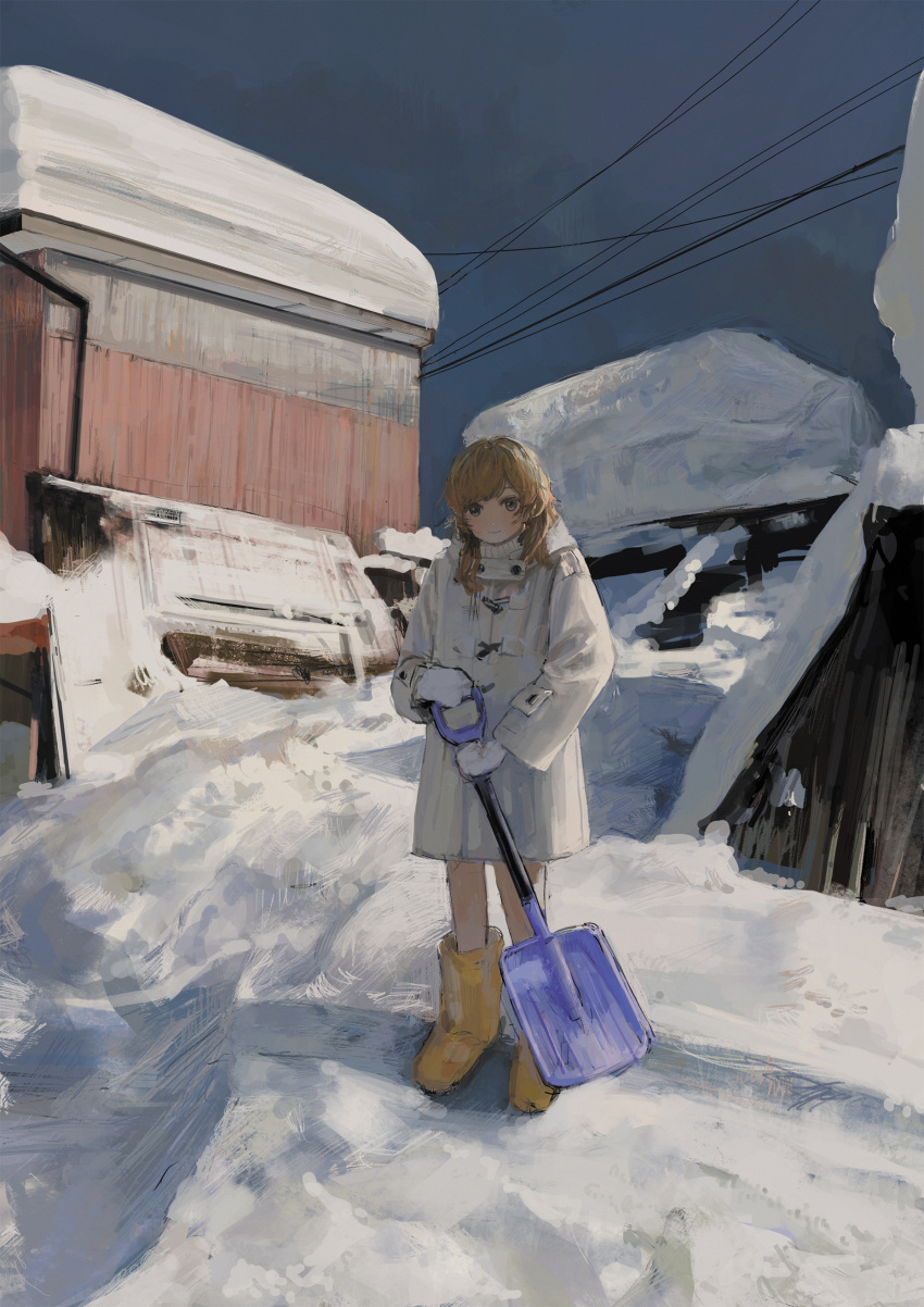 1girl :3 absurdres as4kla blonde_hair blush boots closed_mouth coat commentary_request day drainpipe grey_hair highres holding holding_shovel knee_boots long_hair long_sleeves looking_at_viewer original outdoors overcast power_lines rubber_boots scenery shovel sidelighting sky smile snow snow_shovel solo standing sunlight sweater tarpaulin turtleneck turtleneck_sweater white_coat white_mittens wide_shot winter winter_clothes winter_coat yellow_footwear