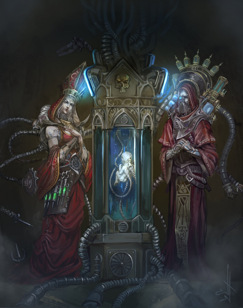 1girl 2boys absurdres adeptus_mechanicus baby cable cloak cyborg hat highres hooded_robe husband_and_wife looking_at_another mechanical_arms mechanical_parts mechanical_tentacles mitre multiple_boys nictanova red_cloak respirator robe standing submerged syringe_holster warhammer_40k