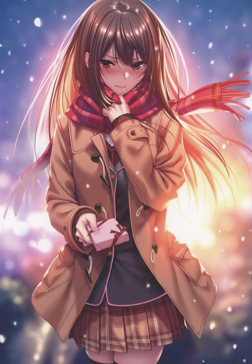 1girl absurdres blazer blurry blurry_background blush box brown_eyes brown_hair buttons closed_mouth coat fingernails gift gift_box hand_up hanikami_kanojo highres holding jacket lips long_hair looking_at_viewer minazumi_kasane open_clothes open_coat piromizu pleated_skirt scan scarf school_uniform simple_background skirt snow snowing solo winter_clothes winter_coat