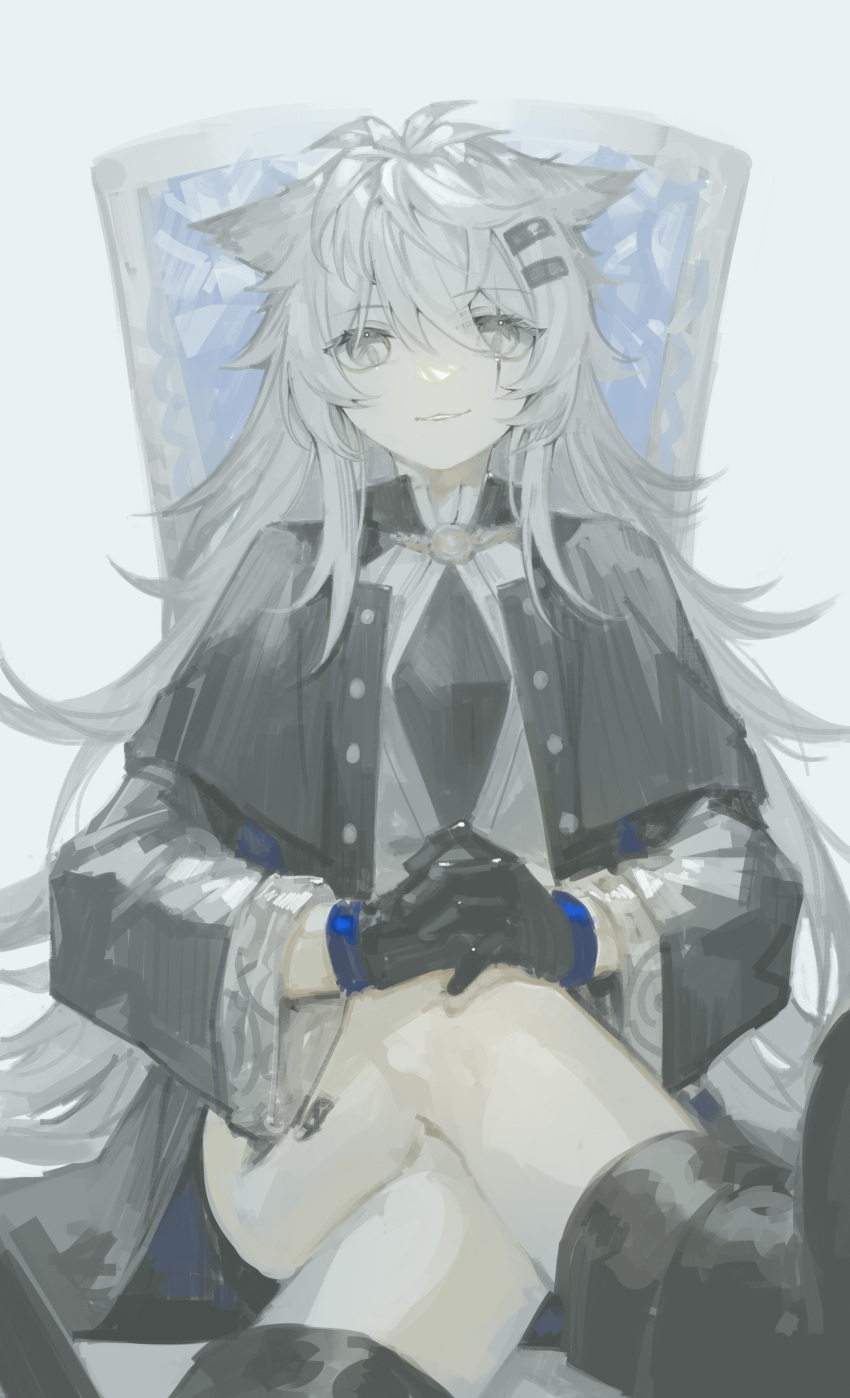 1girl absurdres animal_ears arknights black_capelet black_footwear black_gloves black_shorts boots capelet chair commentary crossed_legs facing_viewer gloves grey_eyes grey_hair hair_ornament hairclip highres lappland_(arknights) lappland_(refined_horrormare)_(arknights) long_hair looking_at_viewer messy_hair miike_(992058) on_chair parted_lips scar scar_across_eye shirt shorts sidelocks simple_background sitting smile solo white_background white_shirt wolf_ears wolf_girl
