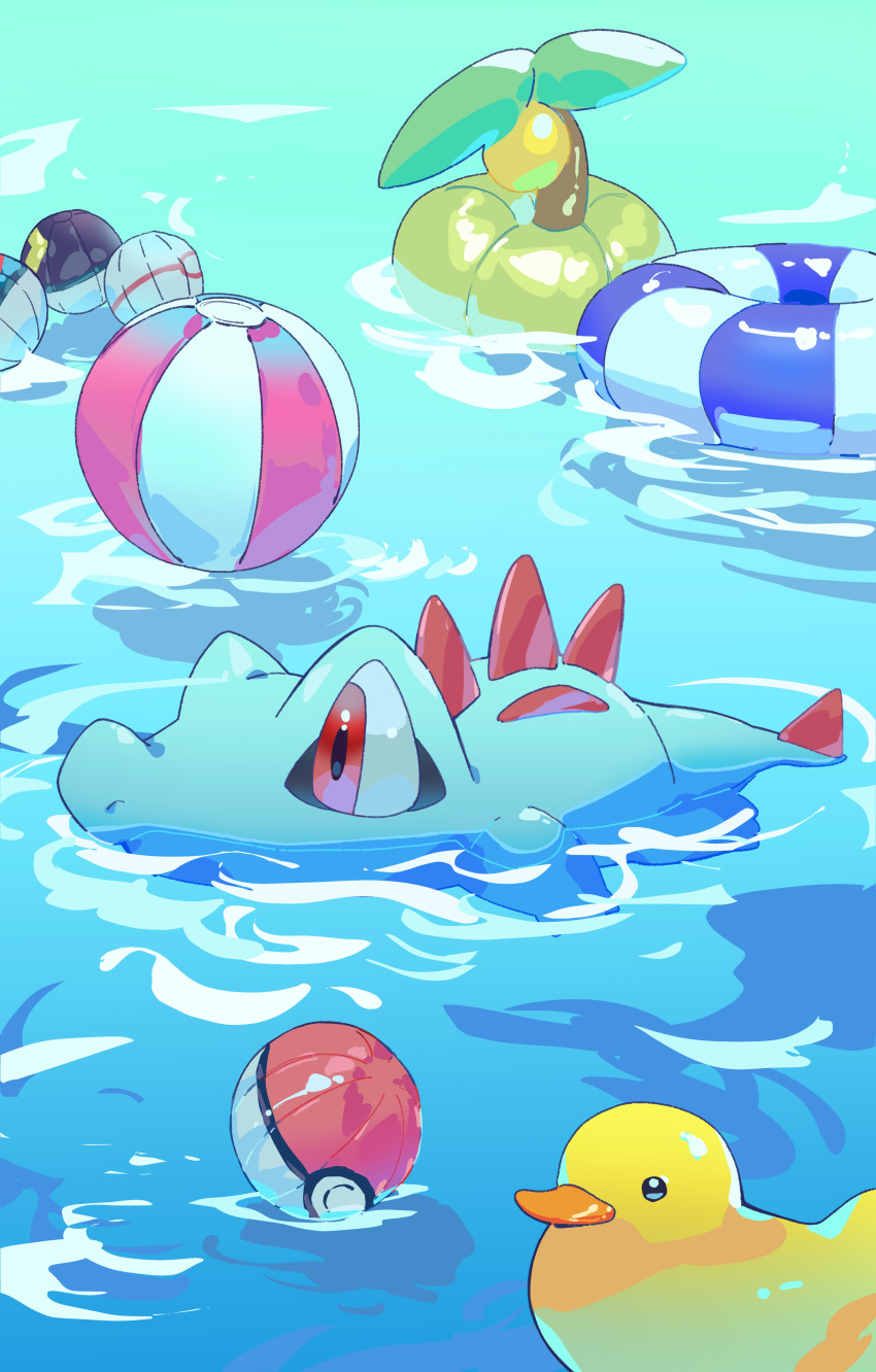 absurdres afloat ball beachball commentary_request highres innertube no_humans outdoors poke_ball poke_ball_(basic) pokemon pokemon_(creature) red_eyes rubber_duck totodile valentine_(02140314c) water
