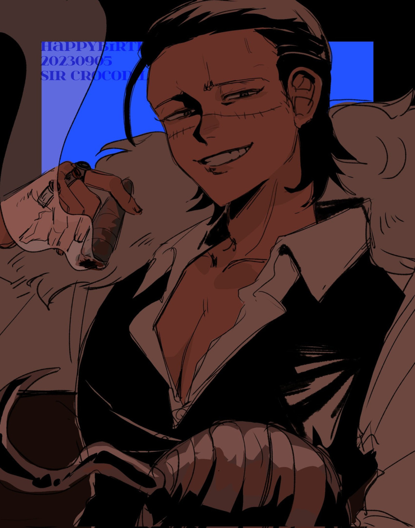 1boy androgynous ascot black_hair cigar collared_shirt crocodile_(one_piece) grin hair_slicked_back highres hook_hand looking_at_viewer male_focus mature_male one_piece partially_unbuttoned pectoral_cleavage pectorals scar scar_on_face scar_on_nose shirt short_hair smile smoking solo stitches tomatowani91 upper_body