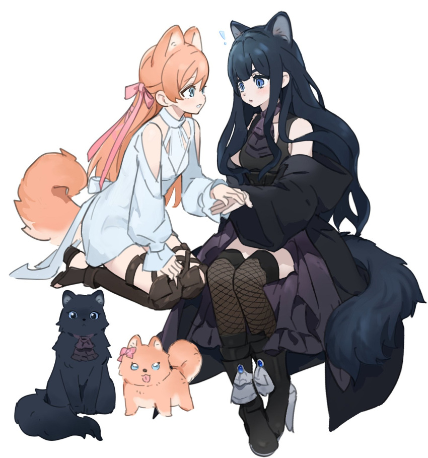 ! 2girls :&lt; animal_ears animalization ankle_boots ascot bare_shoulders black_coat black_dress black_footwear black_hair black_thighhighs blue_eyes boots brown_footwear cat cat_ears cat_girl cat_tail choker clothing_cutout coat commentary dog dog_ears dog_girl dog_tail dress extra_ears final_fantasy final_fantasy_xiv fishnet_thighhighs fishnets from_side full_body gaia_(ff14) hair_ribbon hand_on_another's_hand hand_on_hand hand_on_own_knee highres hyur kemonomimi_mode legs_together long_hair long_sleeves looking_at_another multiple_girls off_shoulder orange_hair puffy_long_sleeves puffy_sleeves purple_ascot purple_choker ribbon ryne_waters seiza shoulder_cutout simple_background sitting slit_pupils smile symbol-only_commentary tail thigh-highs thigh_boots wavy_hair white_background white_dress wide-eyed wuliu_heihuo
