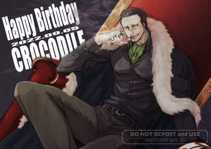 1boy ascot belt black_hair cigar coat collared_shirt crocodile_(one_piece) dutch_angle elbow_rest glint hair_slicked_back happy_birthday highres looking_at_viewer male_focus mature_male mt_pie one_piece pants pectorals scar scar_on_face scar_on_nose shirt short_hair sitting smirk smoking solo spread_legs stitches throne