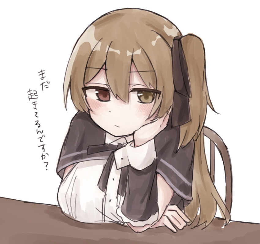 1girl :/ arm_on_table arm_under_breasts assault_lily black_capelet black_ribbon blush breasts brown_eyes brown_hair capelet chair closed_mouth detached_sleeves elbow_on_table hair_between_eyes hair_ribbon hand_on_own_cheek hand_on_own_face head_rest heterochromia highres kuo_shenlin long_hair looking_at_viewer medium_breasts neck_ribbon on_chair one_side_up red_eyes ribbon school_uniform shirt simple_background sitting solo table upper_body white_background white_shirt yubari_lemon_(lemonlilie) yurigaoka_girls_academy_school_uniform