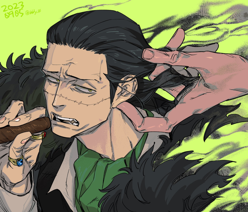 annoyed ascot bbly_ff black_hair cigar collared_shirt crocodile_(one_piece) donquixote_doflamingo furrowed_brow green_background hair_slicked_back highres jewelry large_hands male_focus mature_male multiple_rings one_piece playing_with_another's_hair ring scar scar_on_face scar_on_nose shirt short_hair sideways_glance smoking solo_focus stitches upper_body