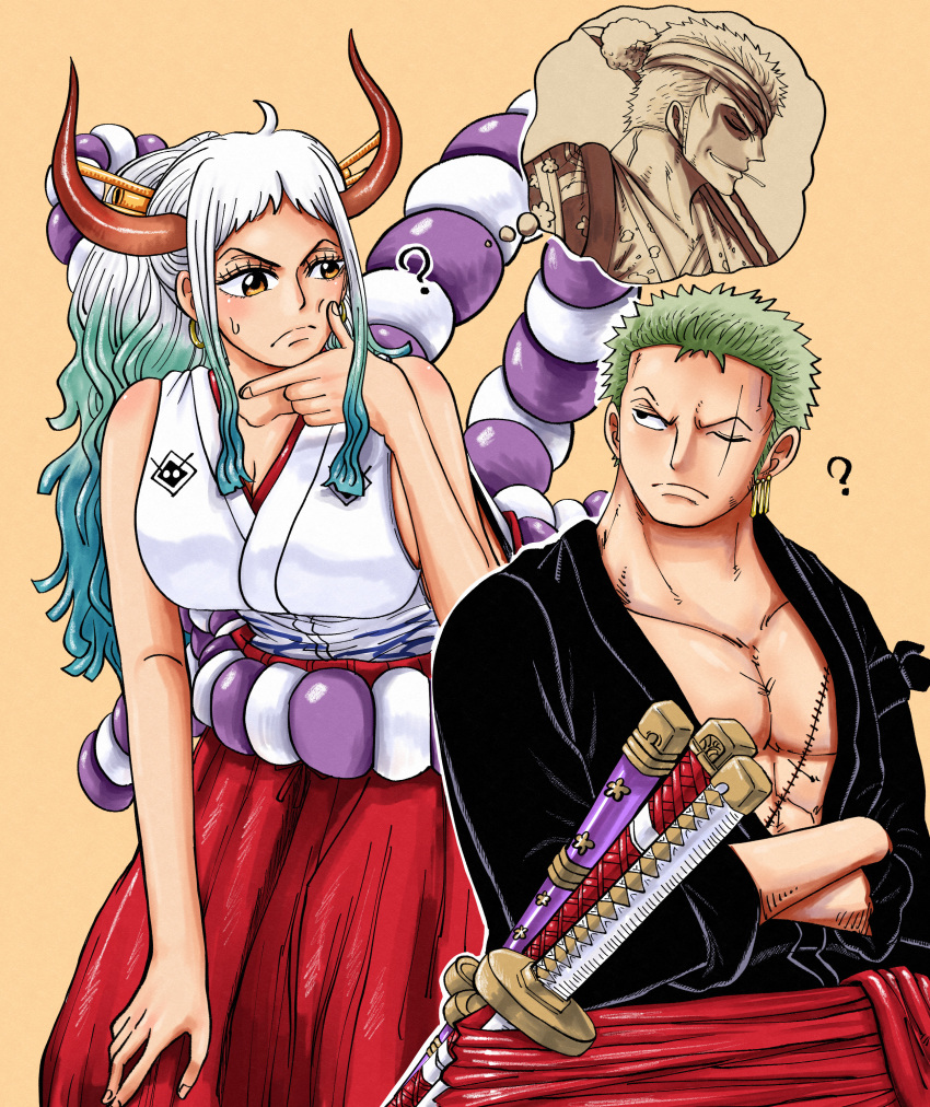1girl 2boys ? absurdres closed_mouth crossed_arms curled_horns earrings green_hair hair_bun hair_ornament hair_stick high_ponytail highres hoop_earrings horns japanese_clothes jewelry katana long_hair looking_at_another multicolored_hair multicolored_horns multiple_boys one_eye_closed one_piece oni oni_horns open_clothes ponytail red_sash riku_(rikuw223xx) rope roronoa_zoro sash scar scar_across_eye scar_on_chest scar_on_face shimenawa shimotsuki_ushimaru short_hair single_hair_bun smile sword thinking traditional_clothes weapon yamato_(one_piece)