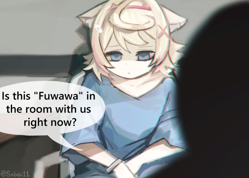1girl animal_ears averting_eyes blank_eyes blonde_hair blue_eyes dog_ears english_text hair_ornament highres hololive hololive_english hospital_gown interrogation meme mococo_abyssgard nikolas_cruz_interrogation_(meme) short_hair sitting sobbi11 solo_focus virtual_youtuber