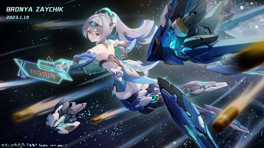 1girl absurdres armor armored_boots armored_dress backless_dress backless_outfit bare_shoulders boots bronya_zaychik bronya_zaychik_(herrscher_of_truth) character_name cheeky_little_star closed_mouth dated dress drill_hair drone english_commentary full_body grey_eyes grey_hair happy_new_year highres honkai_(series) honkai_impact_3rd long_hair looking_at_viewer motion_blur sky solo space star_(sky) starry_sky very_long_hair