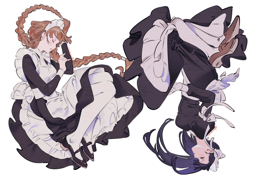2girls :o apron arm_pillow black_dress black_footwear braid braided_ponytail brown_footwear brown_hair closed_eyes commentary dress english_commentary floating floating_hair gloves hands_up highres long_hair long_sleeves lying maid_apron maid_headdress mary_janes multiple_girls on_side original pantyhose puffy_sleeves purple_hair shoe_soles shoes signature simple_background single_braid sleeping umishima_senbon upside-down very_long_hair white_apron white_background white_gloves white_pantyhose