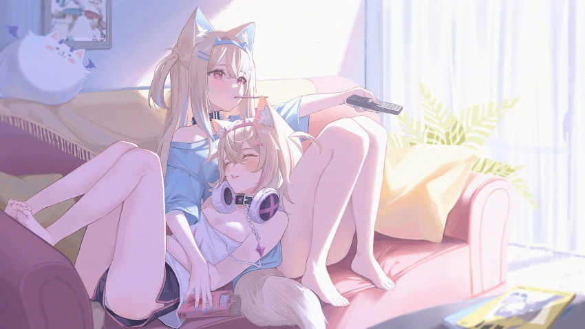 2girls alternate_costume animal_ear_fluff animal_ears bandaid_hair_ornament barefoot black_collar blonde_hair closed_eyes collar controller couch dog_ears dog_girl dog_tail food fuwawa_abyssgard hair_ornament hairpin headband headphones headphones_around_neck highres hololive hololive_english loose_clothes loose_shirt midori_xu mococo_abyssgard multicolored_hair multiple_girls on_couch perroccino_(fuwamoco) pink_eyes pink_hair pink_headband pocky remote_control shirt short_shorts shorts siblings sisters streaked_hair tail twins virtual_youtuber x_hair_ornament