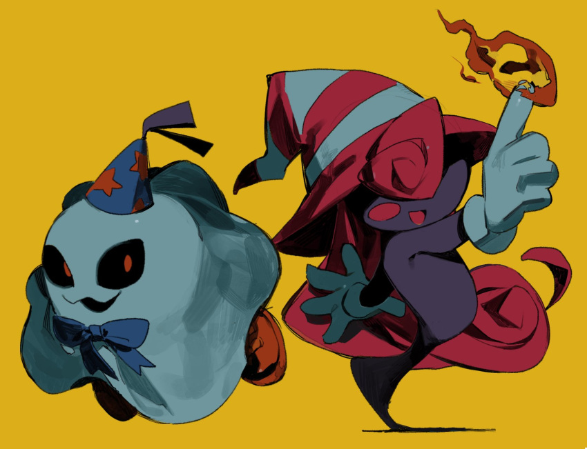 1boy 1girl black_sclera blue_bow blue_bowtie bow bowtie colored_sclera colored_skin doopliss fire full_body ghost ghost_tail gloves hat higa423 highres long_hair looking_at_viewer no_humans open_mouth orange_background paper_mario paper_mario:_the_thousand_year_door party_hat pink_hair purple_skin red_eyes simple_background single_blush_sticker striped striped_headwear super_mario_bros. very_long_hair vivian_(paper_mario) white_gloves witch_hat yellow_background