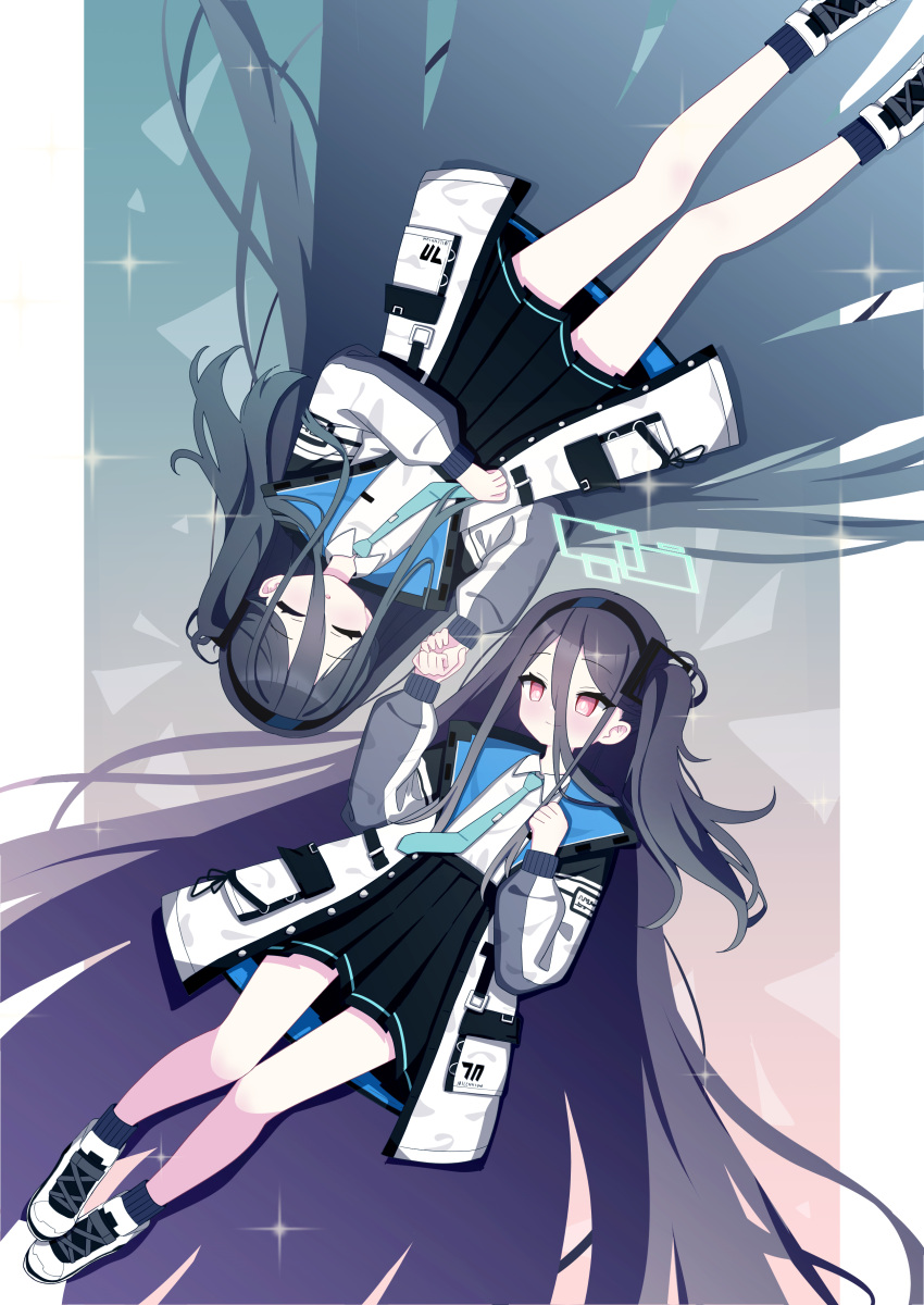 &lt;key&gt;_(blue_archive) 2girls 525_woiwo absurdly_long_hair absurdres aris_(blue_archive) bare_legs black_hair black_hairband black_skirt blue_archive blue_necktie blush closed_eyes coat collared_shirt facing_viewer full_body hair_between_eyes hairband halo hands_up highres holding_hands long_hair long_sleeves looking_at_another multiple_girls necktie open_clothes open_coat pale_skin pink_eyes pleated_skirt shirt side_ponytail skirt sleeping smile very_long_hair white_shirt